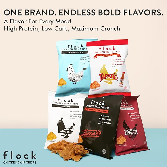 Flock Keto Chicken Skin Chips | Low Carb, High Protein, Sugar Free, Gluten Free Single Serve Snack – Ranch Flavor, 8-Pack (1oz)