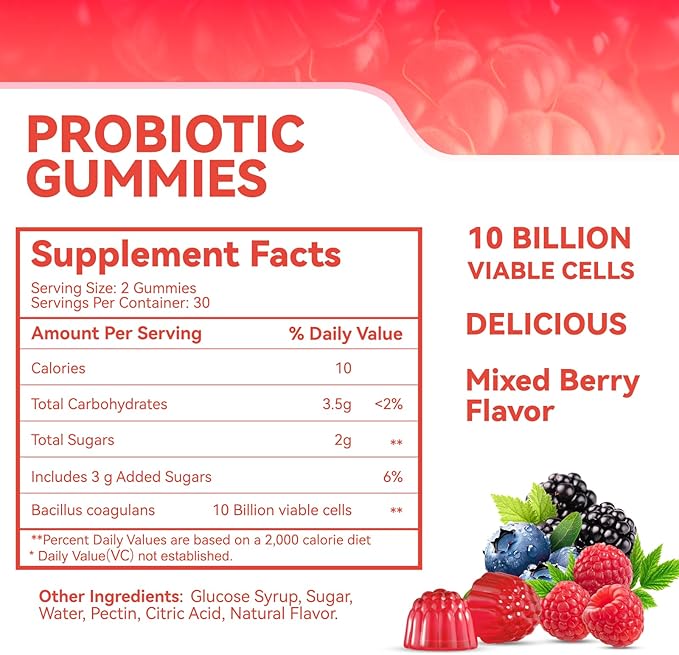 Probiotic Gummies 10 Billion CFU, Bacillus Coagulans for Digestive & Immune Support, Vegan, Non-GMO, Strawberry & Mixed Berry Flavor, 60 Count