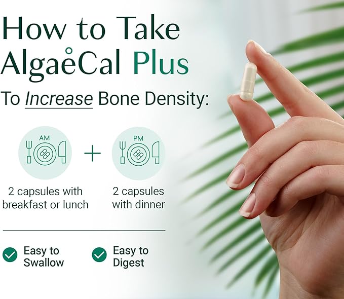 ALGAECAL Organic Red Algae Calcium Supplement for Bone Density, Vitamin K2 MK7 (100mg), Vitamin D3 (1600 IU), Magnesium (350mg) & Trace Minerals & Strength, Easy to Swallow, 120 Veggie Caps