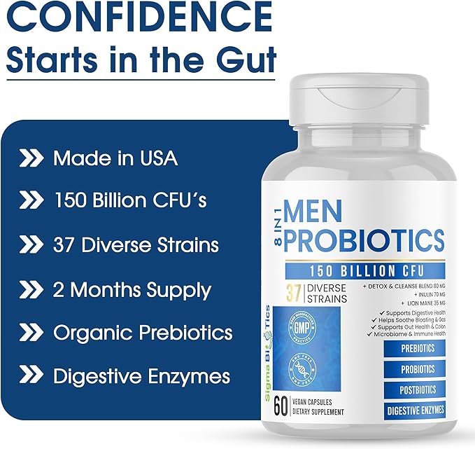 Probiotics for Men - 150 Billion CFU Acidophilus Capsules with Prebiotics & Postbiotics - Supports Gut Microbiome, Colon & Immune Health - 37 Strains with Digestive Enzymes - 60 Vegan Capsules