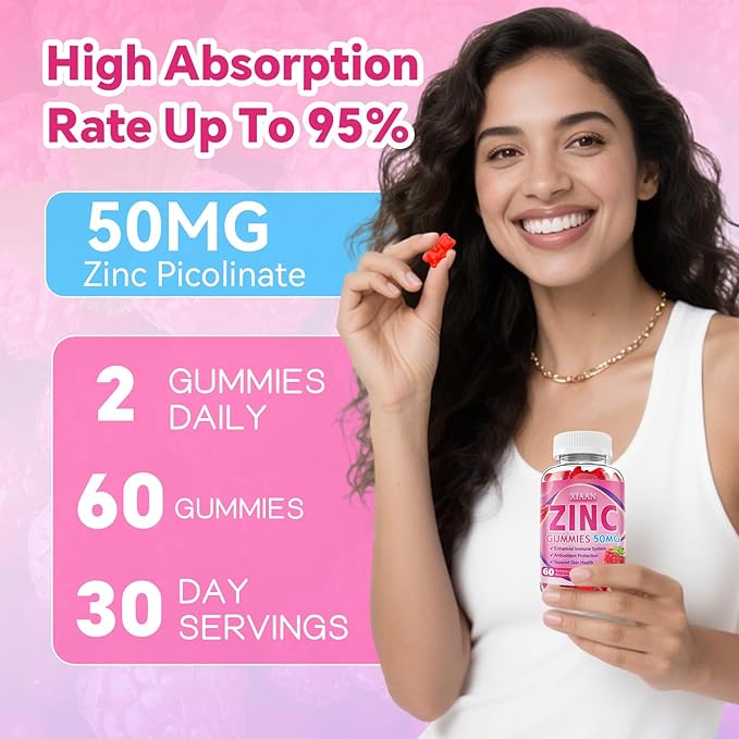 Zinc Gummies for Kids & Adults, Chewable Zinc Supplements for Women & Men Supports Immune System & Cellular Health & Antioxidant Protection, Vegan/Sugar-Free, Raspberry Flavor 120 Count