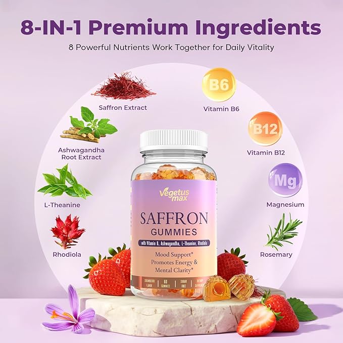 Saffron Supplements Gummies, 88.5mg Pure Saffron Extract with Ashwagandha L-Theanine Rhodiola Rosemary Magnesium Vitamin B6 B12 for Mood Focus Support Adults Kids - 60 Count