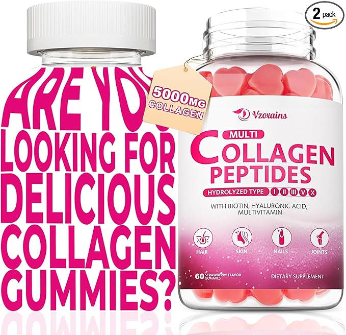 Collagen Peptides Gummies, Collagen Gummies for Women & Men, Type I,II,III,V,X Protein with Biotin, Hyaluronic Acid, Vitamin C for Healthy Skin | Strawberry Flavored, Sugar Free, 120 Cts