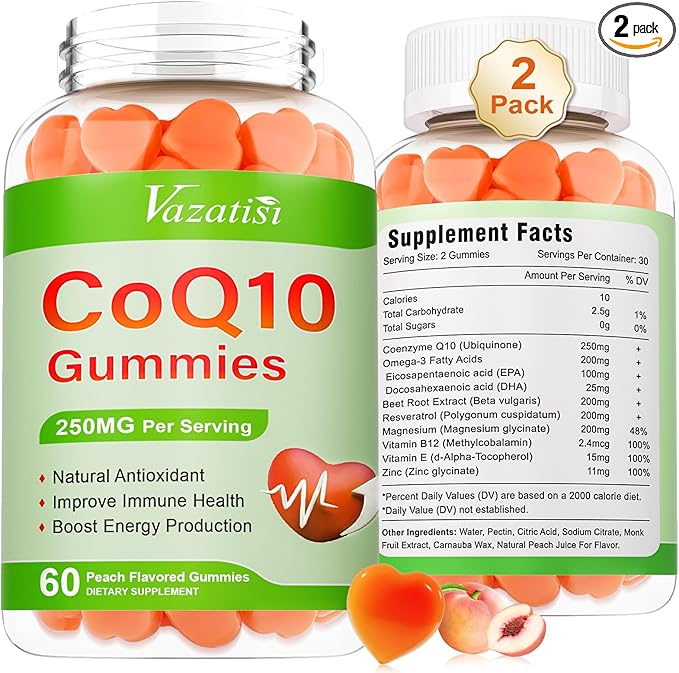 2 Pack CoQ10 Gummies 250 mg, Plus Omega-3, Magnesium, Vitamin B12 for Cellular Energy, Brain & Antioxidant, 5X Better Absorption Coenzyme Q10 Supplement - 120 Cts