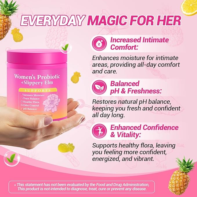 Her Juicy Feminine Probiotics Gummies, Premium Feminine Balance Gummies with Slippery Elm for Women's pH Balance, Healthy Odor, Flora and Immune Support – 90-Day Supply