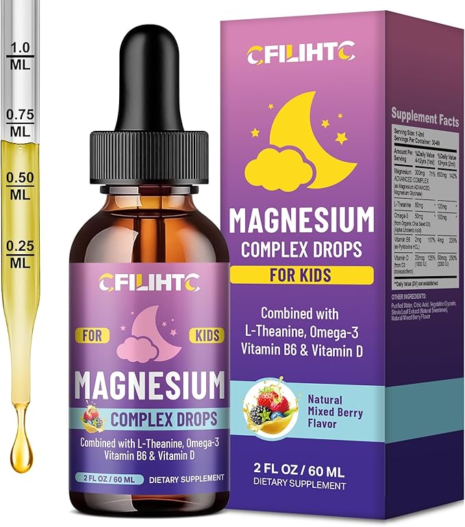 Kids Magnesium Liquid Drops-Magnesium Glycinate Liquid for Kids Supplement-w/L-theanine, Omega-3, Vitamin B6, D3 - for Sleep, Relaxation, Brain, Bones - Mixed Berry Flavor, 2 Fl Oz