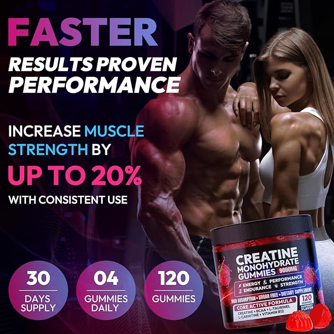 Cytona Creatine Gummies Monohydrate Complex 9000MG, Pre-Workout for Men & Women, Creatine Gummy with L-Taurine, BCAA 2:1, B12/6 for Muscle Support, Enhance Strength, Energy Boost-120 Count
