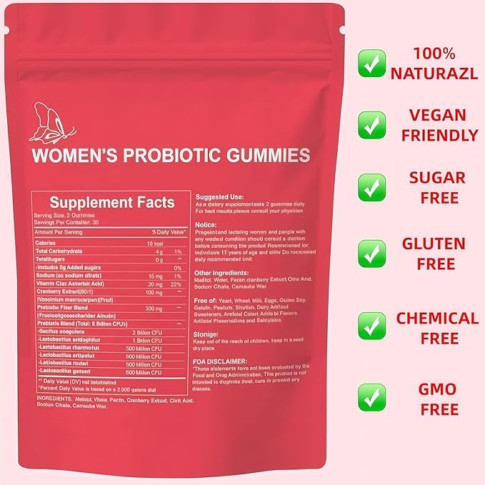 Prebiotic Nutritional Supplements Probiotic Gummies for Women-Women Exclusive pH Balanced probiotics-Controlling Off Flavors -Enriched with 5 Billion CFUs of Active Bacteria（60）