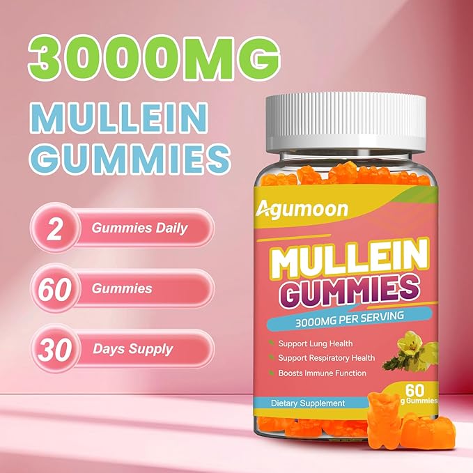 3000MG Mullein Gummies, Extra Strength Mullein Leaf Extract with Quercetin, Bromelain for Lung Detox & Immune Support, Mango Flavor, 60 Count