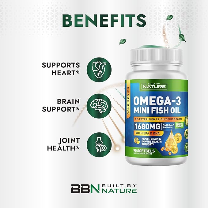 Built by Nature Omega 3 Mini Fish Oil – Re-esterified Triglyceride Form (rTG) – High Omega-3 1680mg, EPA and DHA - Small & Easier to Swallow – 90 Softgels