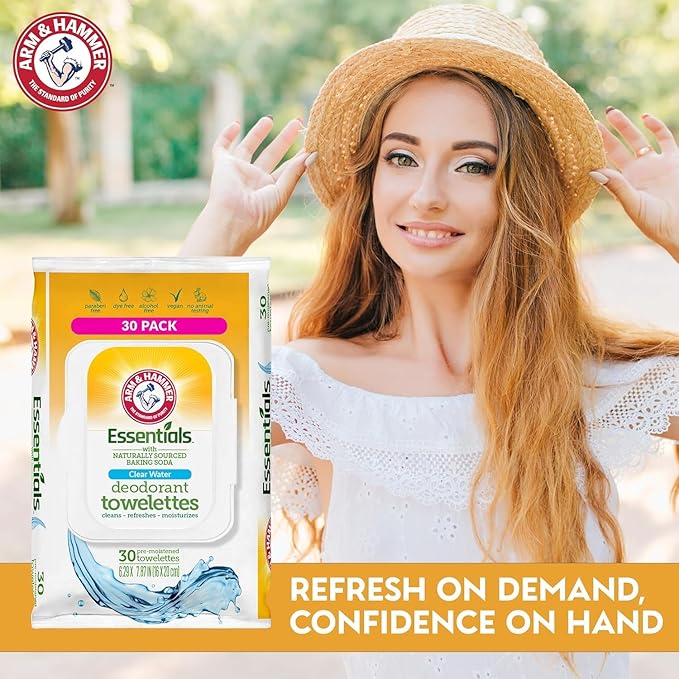 Arm and Hammer 3 Pack Face and Body Wipes for Adults - Deodorant Towelettes 90 Sheets for Women - Shower Wipes for Traveling, Camping, Gym, and Bathing - Alcohol-Free Face Sheets (Clear Water)