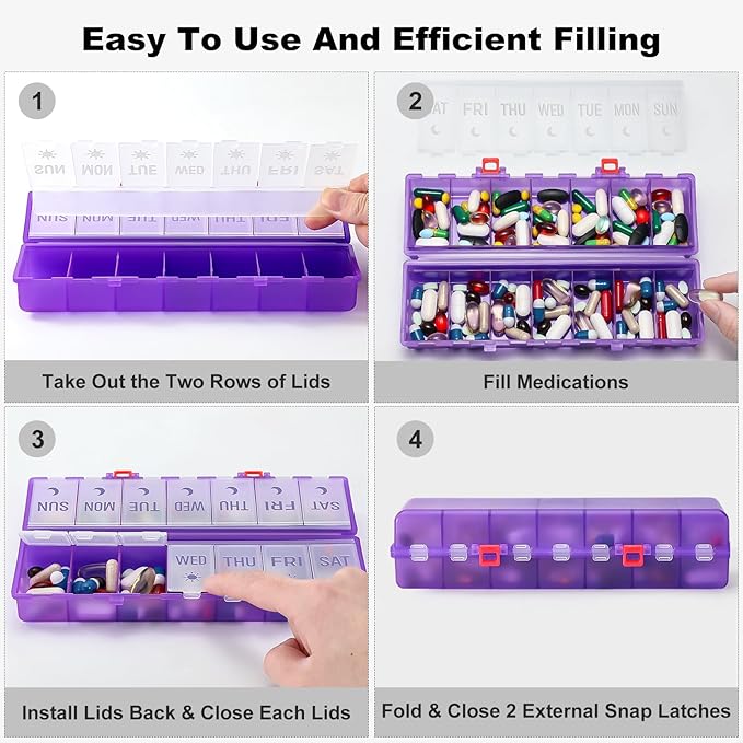 Foldable Pill Organizer 2 Times a Day w/Etched Labels -Dual Protection & Portable Weekly AM PM Pill Box, 7 Day Medicine Container, Large Travel Pill Case for Daily Supplement Vitamin -Clear Purple