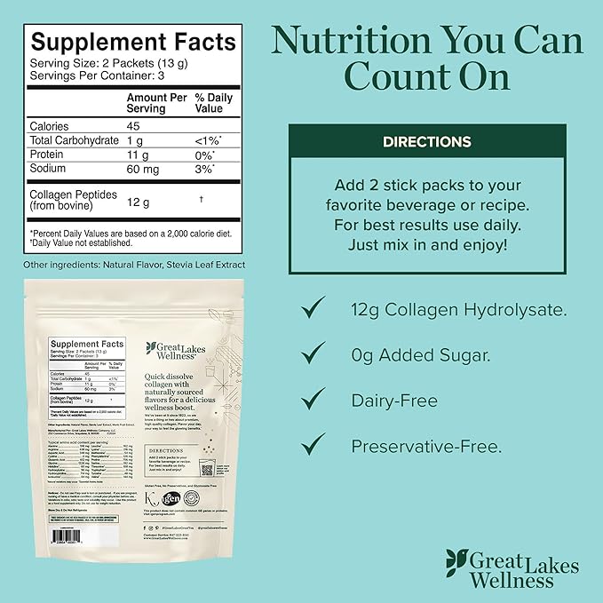 Great Lakes Wellness Collagen Peptides Powder for Skin, Hair, Nails, Joints & Digestion - Variety Flavors - Quick Dissolve Hydrolyzed, Non-GMO, Kosher - 6 Sticks - Packaging May Vary