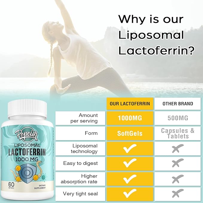 Liposomal Bovine Lactoferrin 1000 mg - Higher Absorption - for Iron Absorption & Immune Function Lactoferrin Supplements for Adults, 60 Softgels