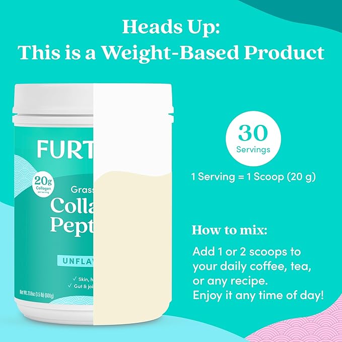 Further Food Unflavored Collagen Peptides Powder - 100% Grass-Fed, Hydrolyzed Type 1 & 3, 20g of Collagen per Serving, Supports Skin, Hair, Nails & Joints, 21.16 Oz