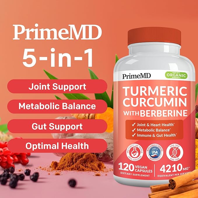 5-in-1 Organic Turmeric Curcumin Supplement (4210mg) with Berberine, Ceylon Cinnamon Bioperine and Ginger Supplements for Joint, Heart, Gut, & Metabolic Support (120 ct) (Pack of 2)