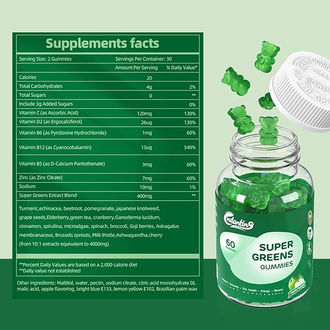 Multivitamin Super Greens Gummies - Daily Vegan Gummy Vitamins for Women, Apple Flavor | Organic Blend with Vitamin C, Turmeric, Zinc, Immune Support, Energy Booster, Metabolism | 60 Count