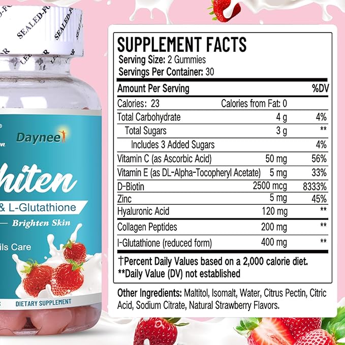Skin Whiten Gummies, Contains Collagen & L-Glutathione, Support Brighten Skin, Fade Spots & Anti-Aging, 60 Count