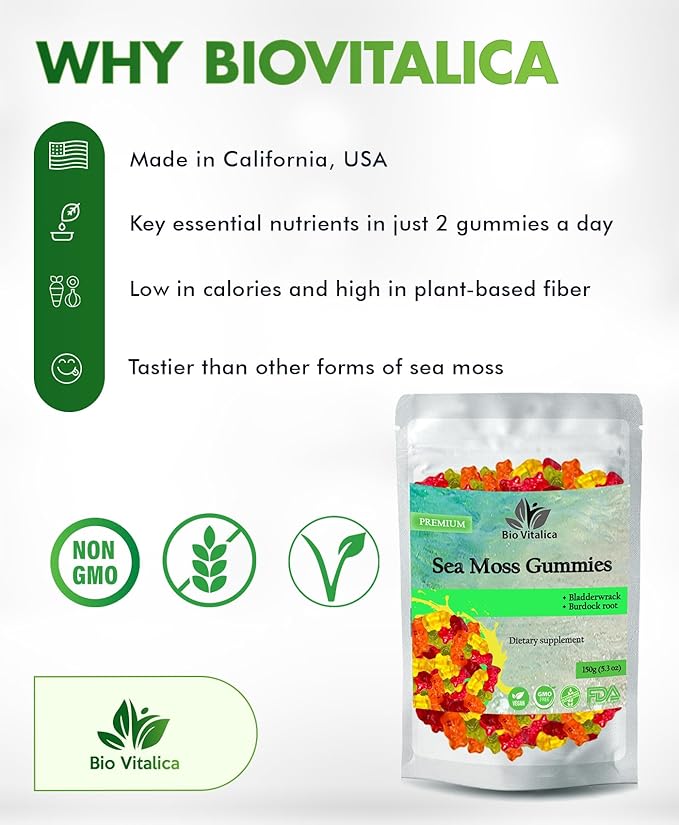 BIO VITALICA Sea Moss Gummies – with Bladderwrack & Burdock Root – Wildcrafted Gel + Powder – Vegan, Keto, Non-GMO, Gluten-Free – Fruity Mineral-Rich Gummies – 50 Count (3 Pack)