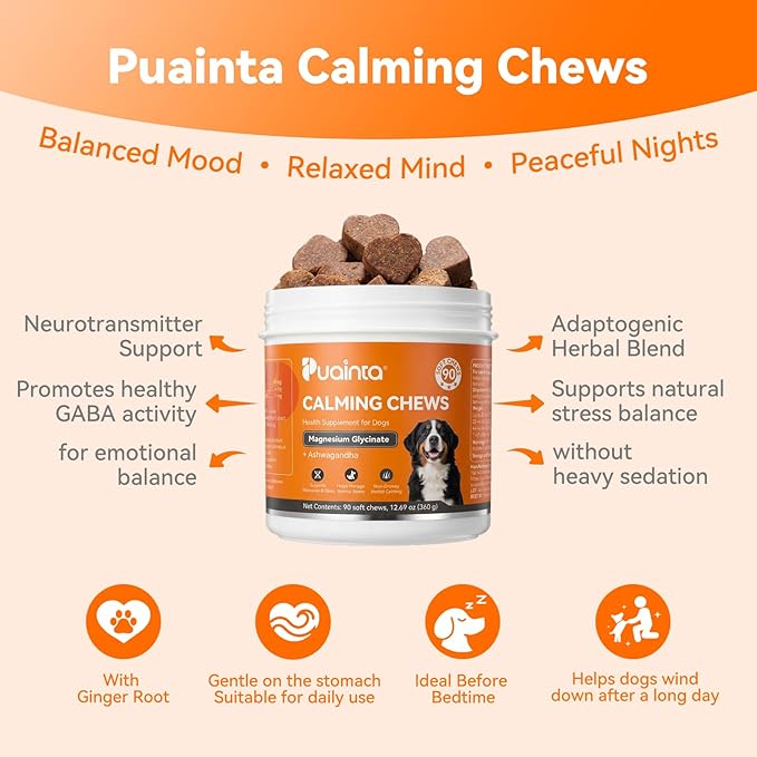 Dog Calming Chews – Magnesium Glycinate & Melatonin for Dogs, 4 Herbal Ingredients for Anxiety Relief, Stress & Travel Support, Chicken Flavor (90 Count)