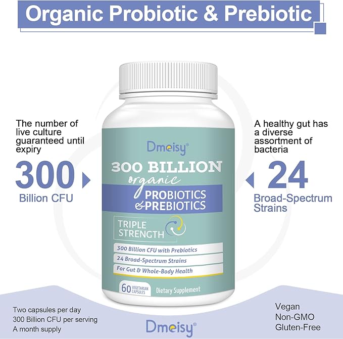 Probiotics for Women and Men, 300 Billion CFU 24 Strains Probiotics + 15 Organic Herbs Prebiotics Blend, Shelf Stable Gut Health Supplement for Digestive Immune & Whole-Body Health, 4 Month Supply