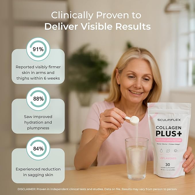 Sculpiflex Hydrolyzed Collagen Peptides Powder, Marine, Bovine, and Chicken Unflavored Multi Collagen Complex for Women, Firms Skin and Boosts Elasticity, Hydrating with Hyaluronic Acid (30 Servings)