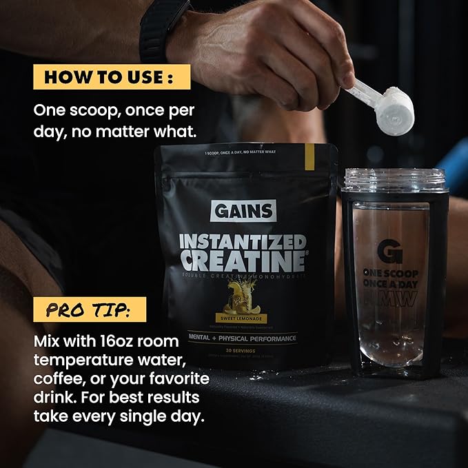 Gains in Bulk Instantized Creatine Monohydrate for Men & Women, Soluble Pre Workout Powder, Supports Muscle Building, Strength and Performance, Bodybuilding Supplements, Sweet Lemonade, 30 Servings
