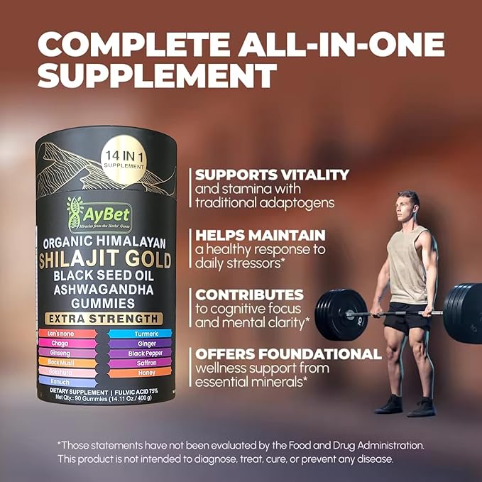 Organic Himalayan Shilajit Gold Gummies for Men and Women, Black Seed Oil, Ashwagandha, Ginseng, Turmeric, Gokshura, Lion's None, Lab Tested,%75 Fulvic Acid, No Sugar Added, Halal, 90Gummy