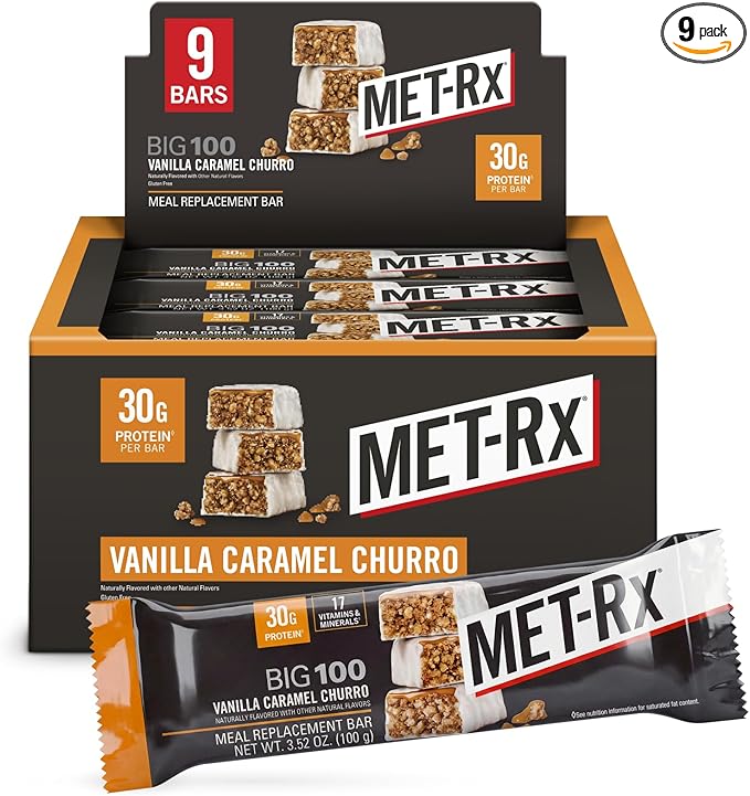 MET-Rx Big 100 Colossal Protein Bars, Vanilla Caramel Churro Meal Replacement Bars, Brown, 9 Count