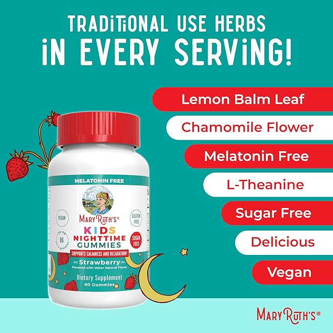MARYRUTH'S Kids Nighttime Gummies | Sugar Free | NO Melatonin with L Theanine, Lemon Balm, Chamomile, Vitamin B6 | Relaxation Support for Kids 2+ | Vegan | Non-GMO | Gluten Free | 60 Count