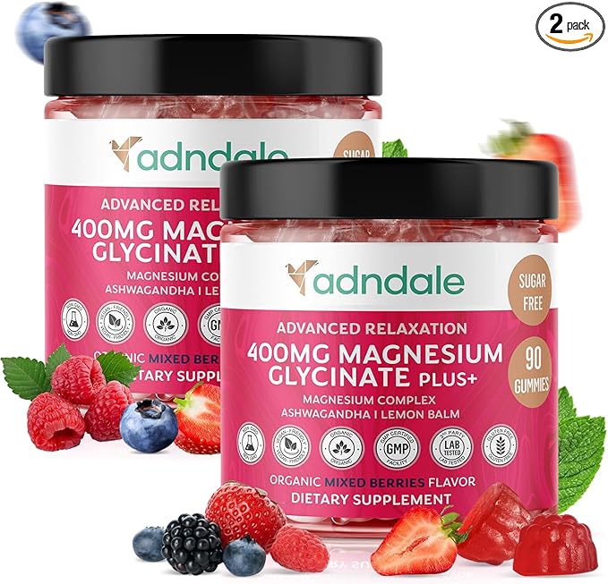 Adndale 180 CT Magnesium Glycinate Gummies 400 mg/Serv with Ashwagandha, Magnesium Malate & Taurate, Sugar Free Chews for Adults & Kids
