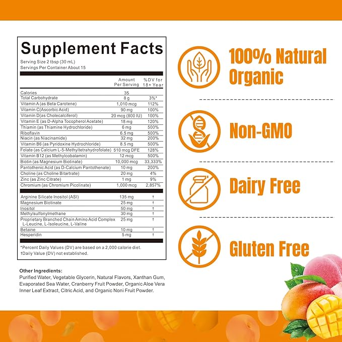 Liquid Multivitamin for Hair Growth | Biotin 10000mcg | Hair & Skin Support Supplement | Clinically Tested for Thicker Hair & Skin Elasticity | Suitable for Women & Men, Ages 18+ | 15.22 Fl Oz (1)