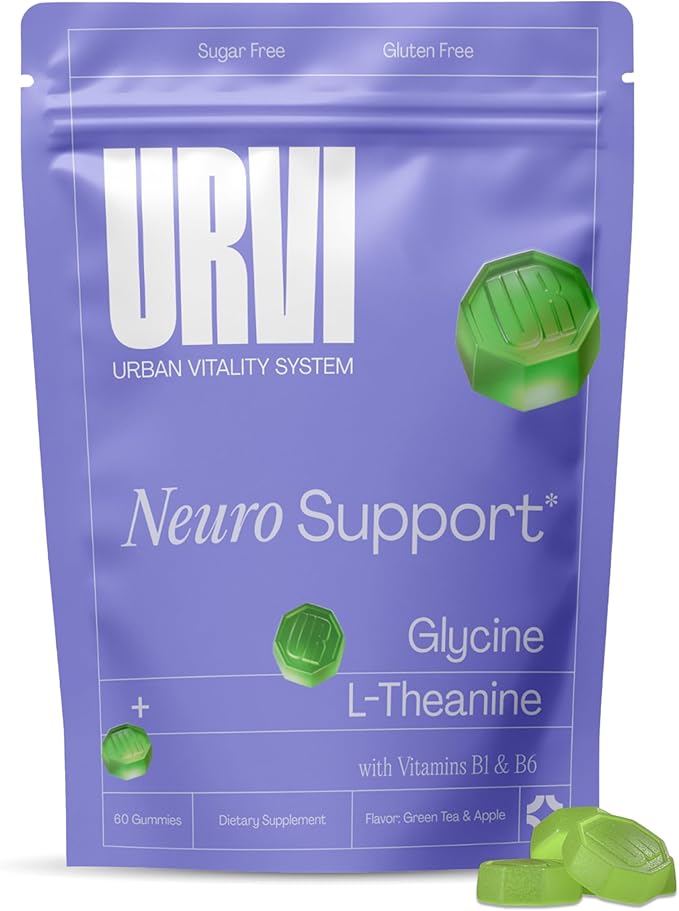 URVI® Neuro Gummies – 500mg Glycine, 150mg L-Theanine (high Potency), Vitamins B1 & B6 for Rest & Sleep, Relaxation, Calm Focus, Stress Relief – Caffeine- & Sugar-Free– Green Tea & Apple – 60 Count
