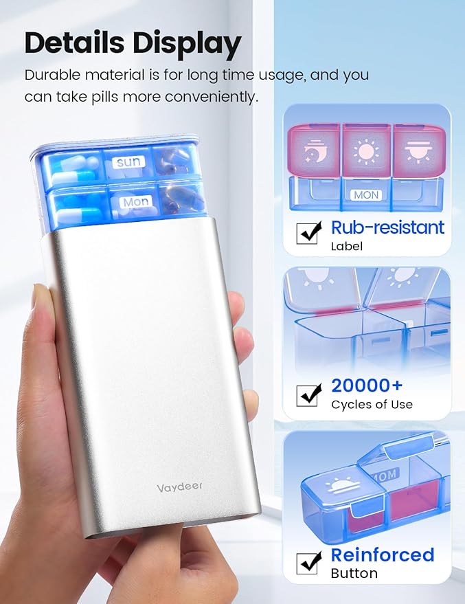 Vaydeer Metal Pill Organizer 3 Times a Day, Weekly Pill Box with Built-in Desiccant Compartment, Airtight 7 Day Travel Pill Case for Medication, Vitamins & Supplements (Silver)