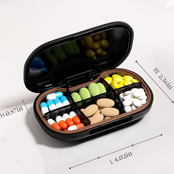 HyJeryty 6-Compartment Pill Organizer - Small Compact Daily & Travel Pill Case Container for Vitamins, Medication and Supplements - Portable Black Medicine Pill Box Holder with Stylish Cute Design