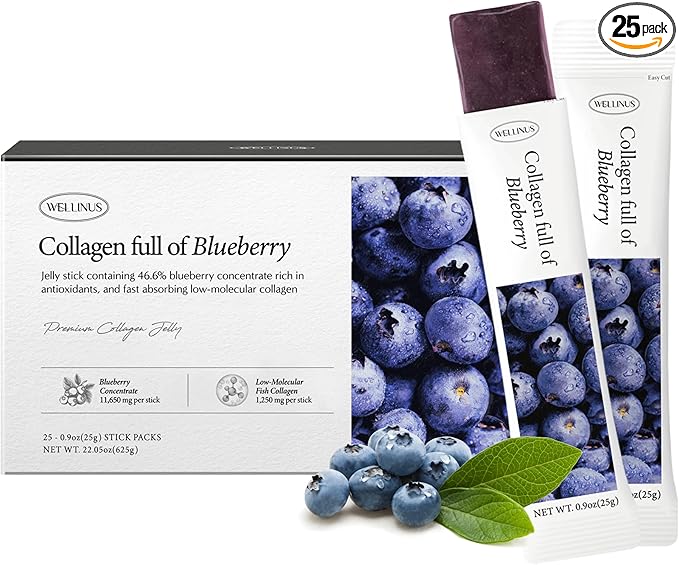 Korean Collagen Jelly Sticks - 25 Blueberry Flavored Marine Collagen Peptide Snacks for Anti-Aging- Collagen Protein Sugar-Free, Travel Packs for Hair & Nail Strength