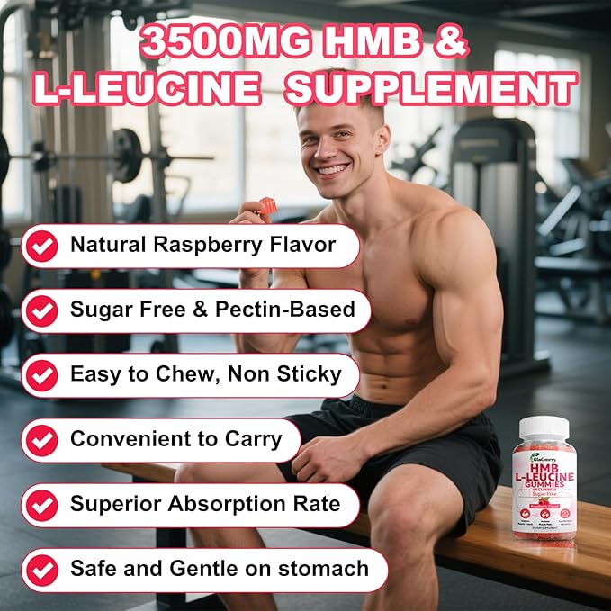 HMB and Leucine Gummies, HMB & Leucine Amino Acid for Muscle Growth, Muscle Relief, HMB Supplements for Men & Women, Vegan, Non-GMO, Raspberry Flavor, 60 Count