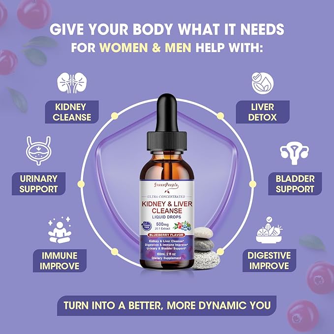 GREENPEOPLE Kidney Cleanse Detox & Repair - 27-In-1 Kidney & Liver Drops with 20:1 Cranberry Extract & Chanca Piedra, Alcohol-Free Supplement for Urinary Tract & Liver Support (2 Oz 1 Pack, Blueberry)