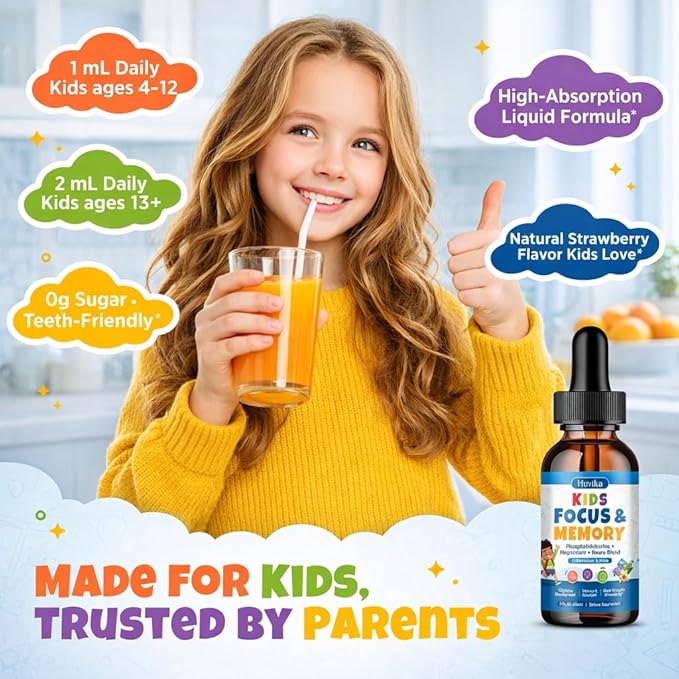 Kids Focus and Attention Supplements with Phosphatidylserine, L-Theanine, Omega-3 & Magnesium Glycinate - Kids Brain Vitamins Liquid Drops - Supports Concentration, Memory, Sleep & Mood, Strawberry