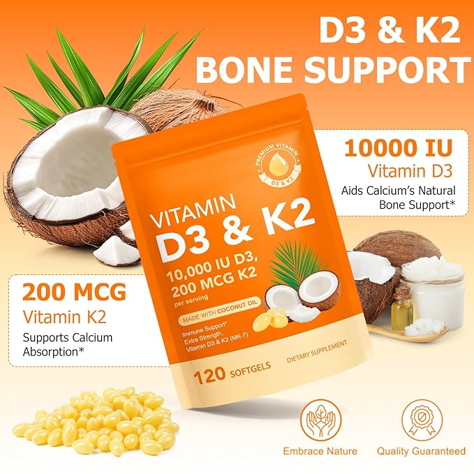 Vitamin D3 K2 10000 IU with 200mg, Vitamin D3 and K2 Capsules, 2 in 1 Vitamins D & K Complex with Virgin Coconut Oil, 120 Softgels, Easy to Swallow & Non-GMO