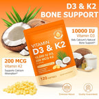Vitamin D3 K2 10000 IU with 200mg, Vitamin D3 and K2 Capsules, 2 in 1 Vitamins D & K Complex with Virgin Coconut Oil, 120 Softgels, Easy to Swallow & Non-GMO