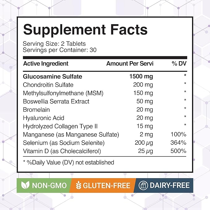 Glucosamine Chondroitin with MSM, Bromelain, Boswellia, Collagen, Hyaluronic Acid, Selenium & Vitamin D – Dietary Supplement – 60 Tablets (60 Count (Pack of 1))