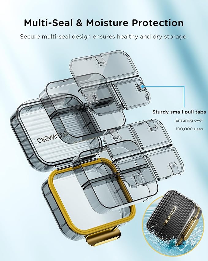 Travel Pill Case, Small Pill Box for Purse, Acedada Portable Daily Pill Container, Compact Moistureproof 7 Compartments Pill Organizer, Stylish Medicine Holder for Vitamins Fish Oils, Black