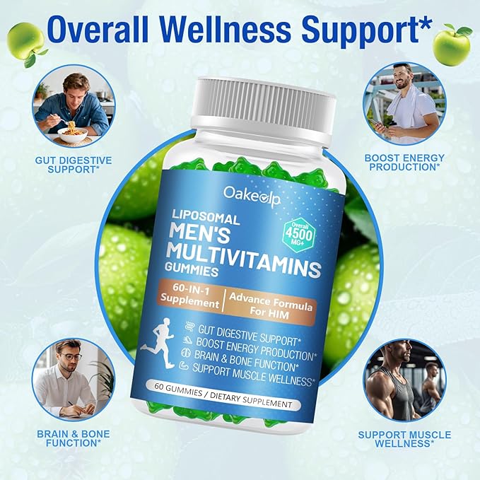 60-IN-1 Liposomal 120+ Nutrients Men's Multivitamin Gummy 4500MG+ Overall,300Billion Probiotics, Algal DHA, CoQ10, Turmeric & Herbal Blends,for Immune, Energy, Prostate, Heart, and Digestive Wellness