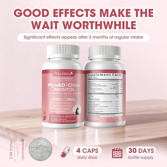 Mulittea Myo-Inositol & D-Chiro Supplement for Women - 14-in-1 Liposomal Inositol with Folic Acid,Omega-3 & Multivitamin for Hormone Balance,Support Ovarian,Skin & Mood- 40:1 Vegan 120 Capsules