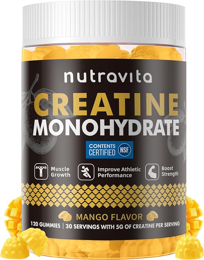 Nutravita Creatine Monohydrate Gummies for Men & Women-5g of Creatine Monohydrate per Serving - Sugar Free,Vegan, Mango Flavor, 120 Count