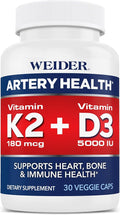 Weider Artery Health - Artery Flexibility & Heart Health - with Vitamin K2, D3 & Ginger - Bone & Immune Support* - Gluten Free & Vegan - 30 Veggie Capsules