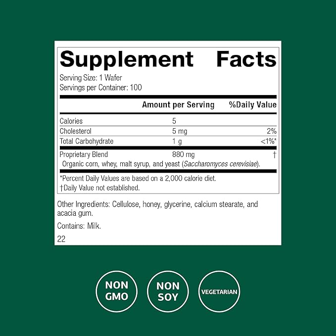 Standard Process Lactic Acid Yeast - Dietary Supplement for Digestive Health & Gut Support - Non-Soy & Vegetarian - 100 Wafers
