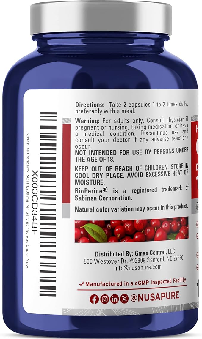 NusaPure Cranberry Capsules, 1200 mg, 180 Veg Capsules (Non-GMO, Vegan)