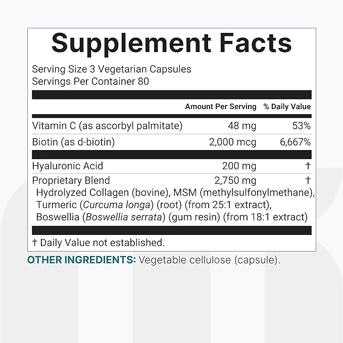 Micro Ingredients Hyaluronic Acid Complex, 240 Vegetarian Capsules | with Collagen, MSM, Vitamin C, Biotin, Turmeric & Boswellia | Non-GMO, Filler-Free, cGMP Manufactured & Lab Tested
